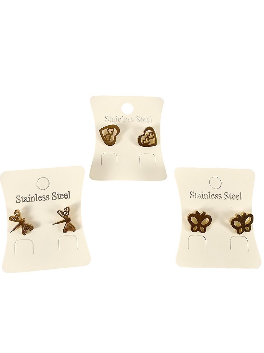 Stainless Steel Stud Earrings Lot of 3 Pairs Mixed Assorted Designs Gold Tone